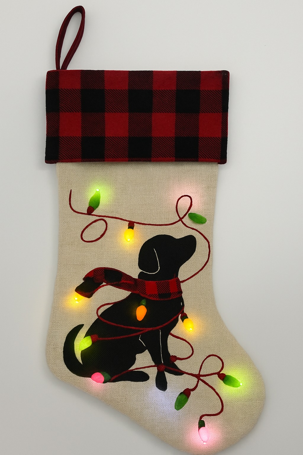 Black Dog with LED Lights Stocking