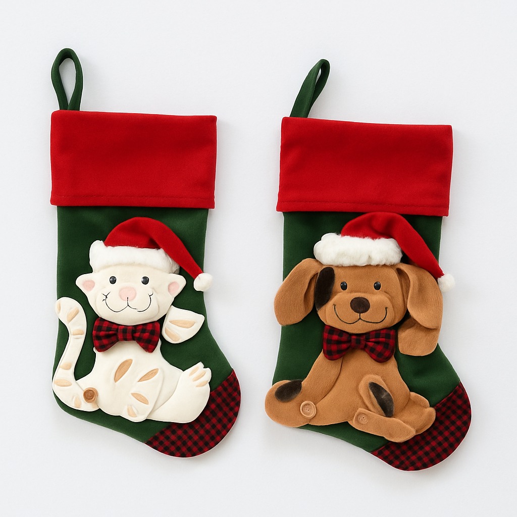 Christmas Stockings with Plush Cat and Dog Appliques